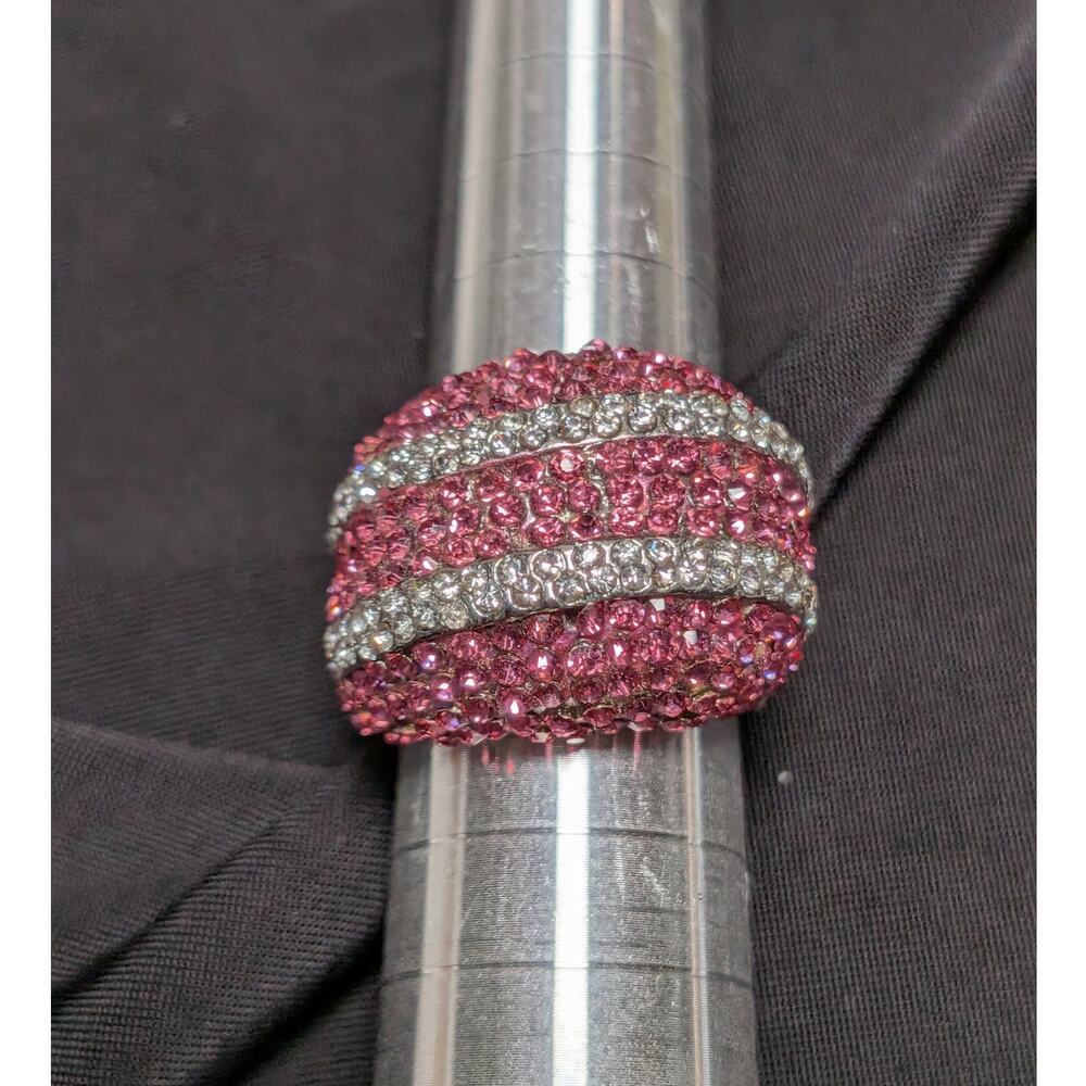 Statement Ring Women 7.5 Pink Crystal Pave Wide Band Rhinestone Silver READ